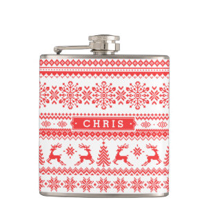 Christmas sweater red fair isle pattern monogram hip flask
