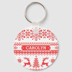 Christmas sweater red fair isle pattern monogram key ring