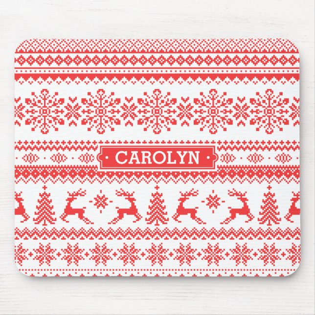 Christmas sweater red fair isle pattern monogram mouse pad (Front)