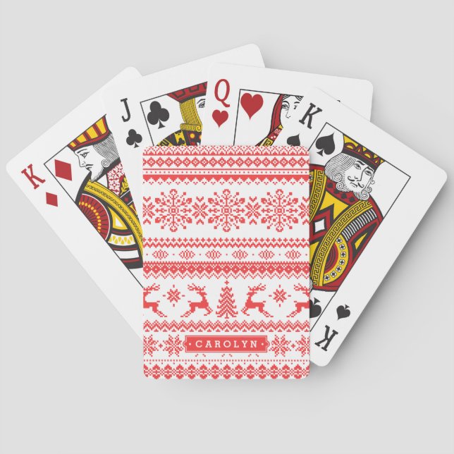 Christmas sweater red fair isle pattern monogram playing cards (Back)
