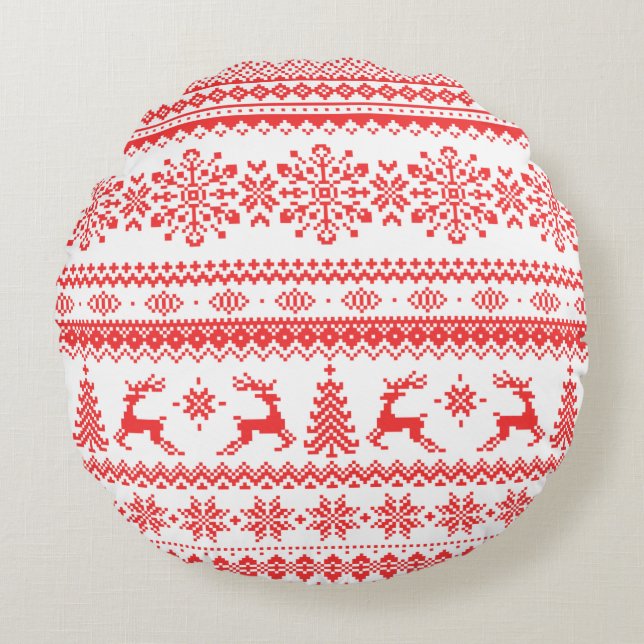 Christmas sweater red fair isle pattern monogram round cushion (Front)