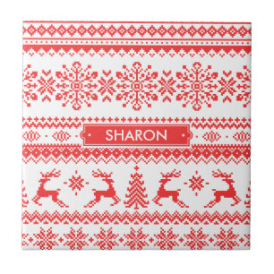 Christmas sweater red fair isle pattern monogram tile