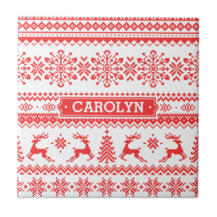 Christmas sweater red fair isle pattern monogram tile