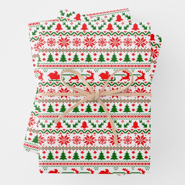 Christmas Sweater Snowflakes Reindeer Trees Santa  Wrapping Paper Sheet (In situ)
