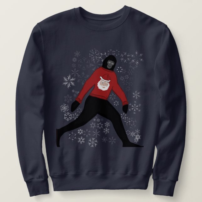 christmas sweater with bigfoot and santa; unisex (Design Front)
