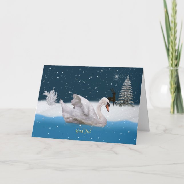 Christmas, Swedish Language, Snowy Night with Swan Holiday Card (Front)