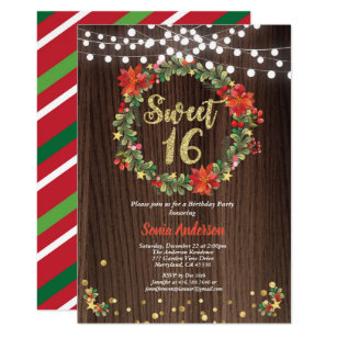 Christmas sweet 16 birthday wreath rustic invitation