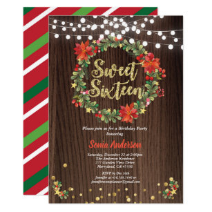 Christmas sweet 16 birthday wreath rustic invitation