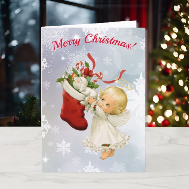 Christmas Sweet Littlest Angel & Kitty Your Text Holiday Card (Creator Uploaded)