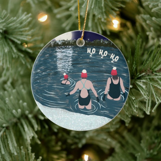 Christmas swimming in snowy lake in Santa hats Ceramic Ornament (Tree)