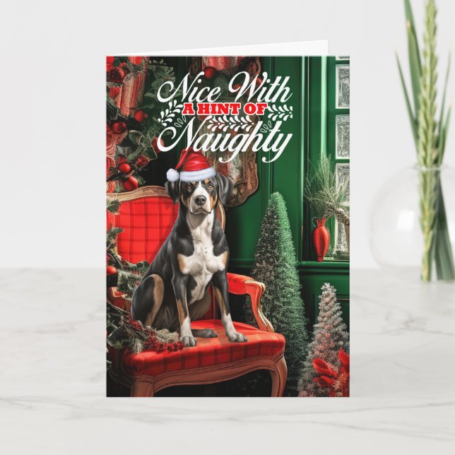Christmas Swiss Mountain Dog Naughty or Nice Holiday Card (Front)