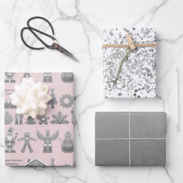 Christmas Symbols Glitter Silver Wrapping Paper Sheet (Front)