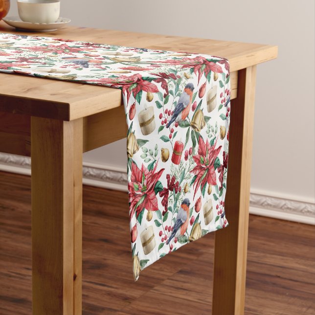 Christmas Symbols wit Poinsettia with Red Robin  Short Table Runner (In Situ)