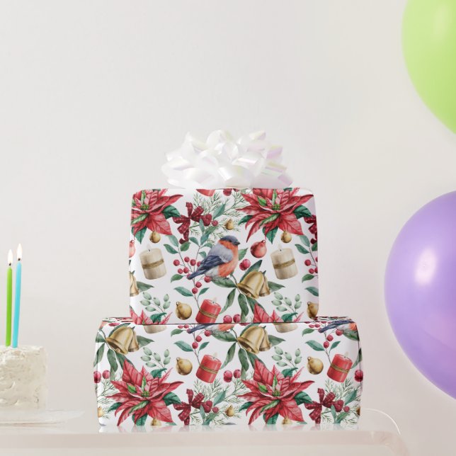 Christmas Symbols wit Poinsettia with Red Robin  Wrapping Paper (Party Gifts)