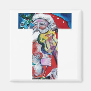 CHRISTMAS T LETTER / SANTA WITH VIOLIN MONOGRAM MAGNET