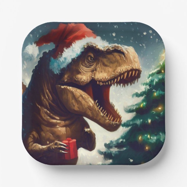 Christmas T-Rex 1 Paper Plate (Front)