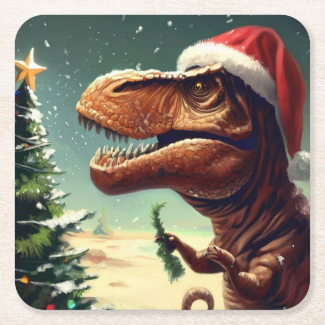 Christmas T-Rex 4 Square Paper Coaster (Front)