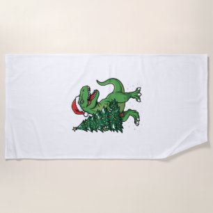 Christmas T-Rex Carrying Christmas Tree Beach Towel