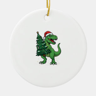 Christmas T-Rex Carrying Christmas Tree Ceramic Ornament