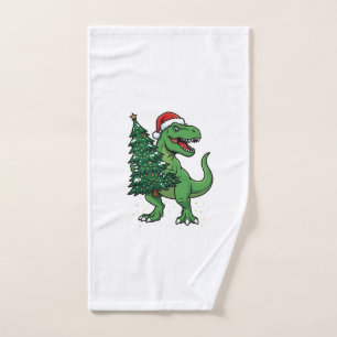 Christmas T-Rex Carrying Christmas Tree Hand Towel
