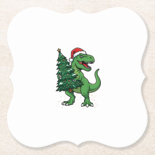 Christmas T-Rex Carrying Christmas Tree Paper Coaster