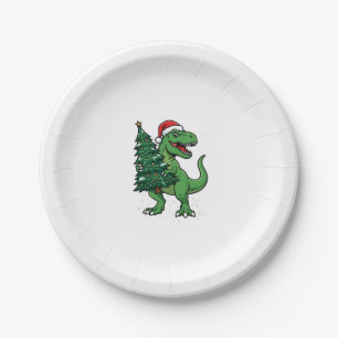 Christmas T-Rex Carrying Christmas Tree Paper Plate