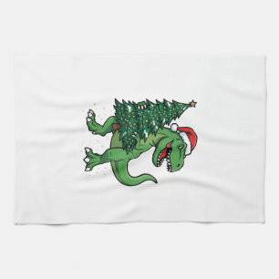 Christmas T-Rex Carrying Christmas Tree Tea Towel