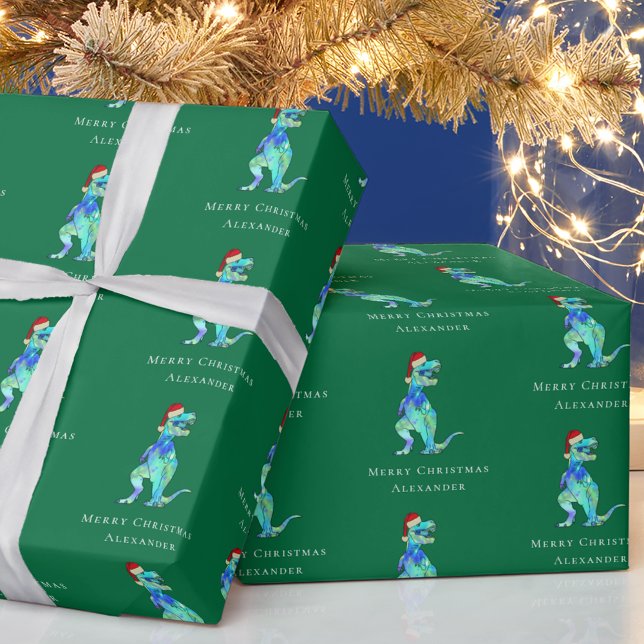 Christmas T-Rex Dino Personalised Boy Name Green Wrapping Paper (Dinosaur Christmas Personalized boy name green holiday wrapping paper Funny colorful T-Rex Santa)