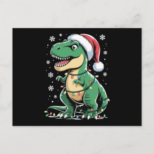 Christmas T Rex Dinosaur Santa Hat Lights Snow Holiday Postcard