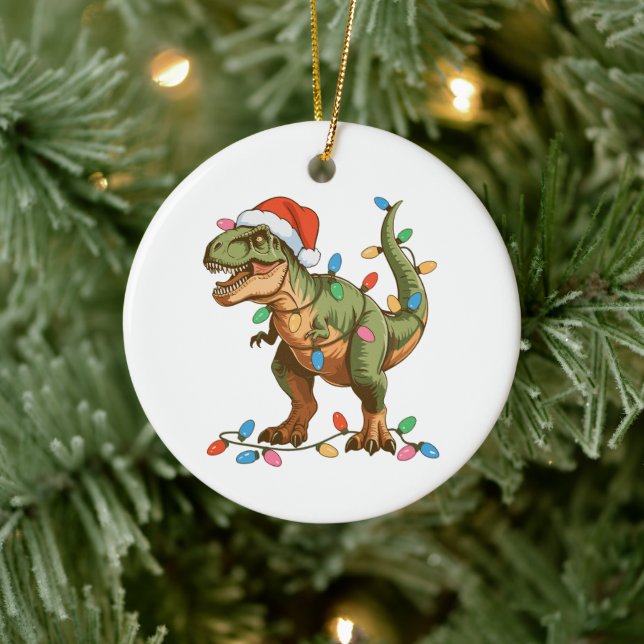 Christmas T Rex Dinosaur Xmas Dino Tyrannosaurus Ceramic Ornament (Tree)