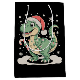 Christmas T Rex Dinosaur Xmas Santa Hat Holiday Medium Gift Bag