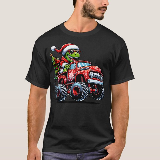 Christmas T Rex Monster Truck Boys Dinosaur Santa  T-Shirt (Front)