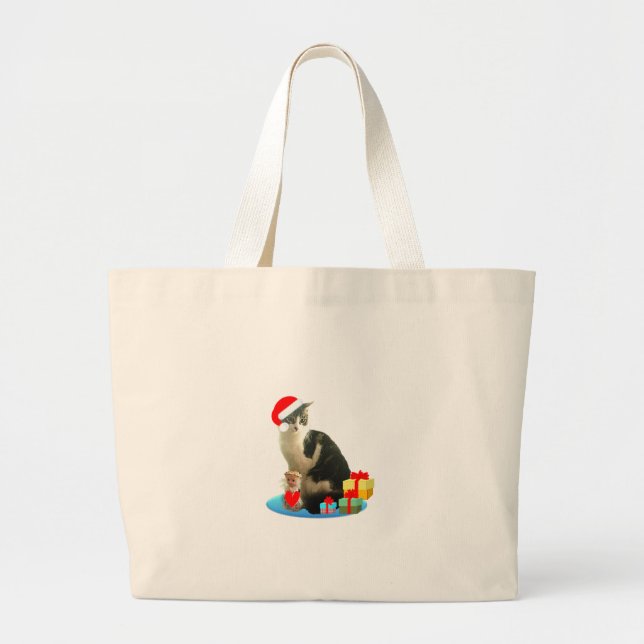 Christmas tabby cat and cute little angel large tote bag (Front)