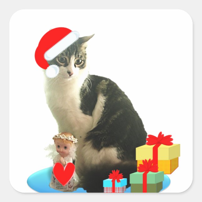 Christmas tabby cat and cute little angel square sticker (Front)