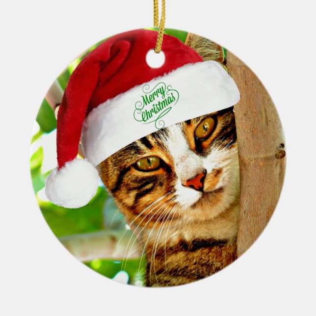 Christmas Tabby Cat in a Tree Ceramic Ornament (Front)