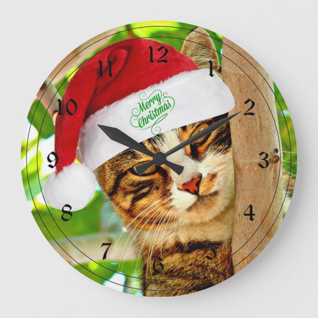 Christmas Tabby Cat in a Tree Large Clock (Front)