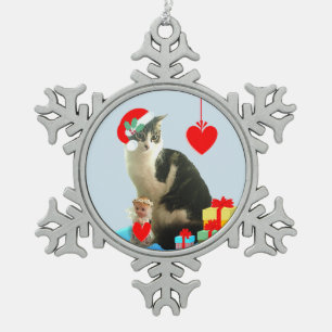 Christmas Tabby Cat Snowflake Pewter Christmas Ornament