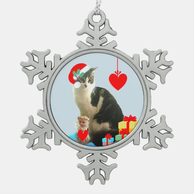 Christmas Tabby Cat Snowflake Pewter Christmas Ornament (Front)