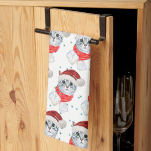 Christmas Tabby Cat with Red Scarf For Pet Lovers Tea Towel