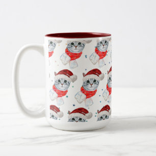 Christmas Tabby Cat with Red Scarf For Pet Lovers Two-Tone Coffee Mug