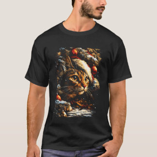 Christmas Tabby Cat with Santa Hat Festive Winter  T-Shirt
