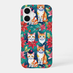 Christmas Tabby Cats With Poinsettias iPhone 16 Case