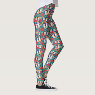 Christmas Tabby Cats With Poinsettias Leggings
