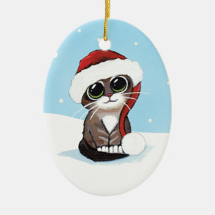 Christmas Tabby Kitten in a Santa Hat Ceramic Tree Decoration