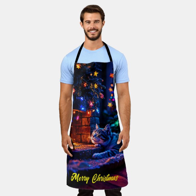 Christmas tabby sleeping cat warm decor apron (Worn)