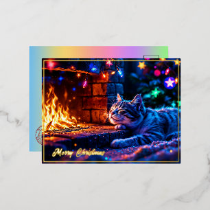 Christmas tabby sleeping cat warm decor foil holiday postcard