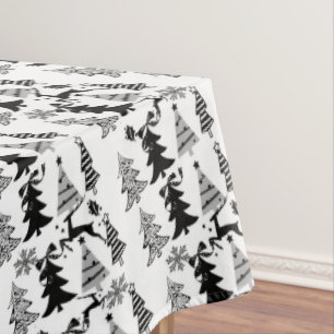 Christmas Tablecloth, Merry Christmas Trees Black  Tablecloth