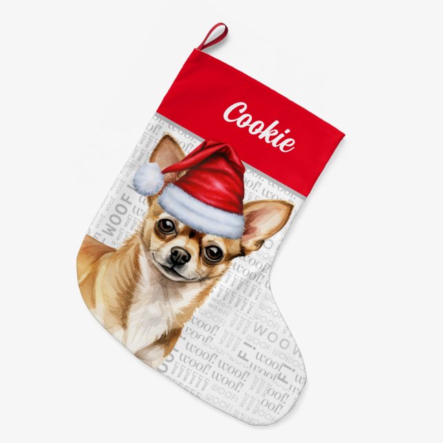 Christmas Tan Chihuahua Santa with Dog's Name Large Christmas Stocking (Front (Hanging))