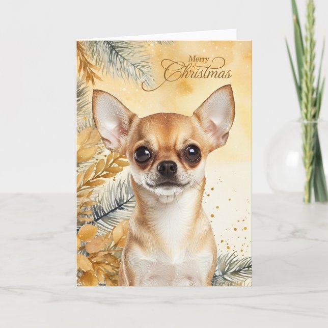 Christmas Tan Chihuaua Dog Golden Pines Holiday Card (Front)