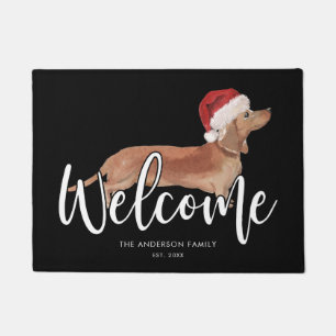 Christmas Tan Dachshund Personalised Black Doormat